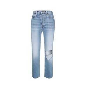 RE/DONE Jeans 70's High Rise Stove Pipe Brisk Blue with Rips